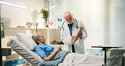 Buy stock photo Doctor, clipboard and senior woman in hospital bed for recovery, good news or medical feedback. Elderly patient, nurse and document with conversation for progress, test results or health support