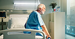 Hospital, bed or old man with window view for thinking, anxiety or medical intervention for cancer. Healthcare, worry or senior person sit with chemotherapy treatment thoughts, reflection or stress
