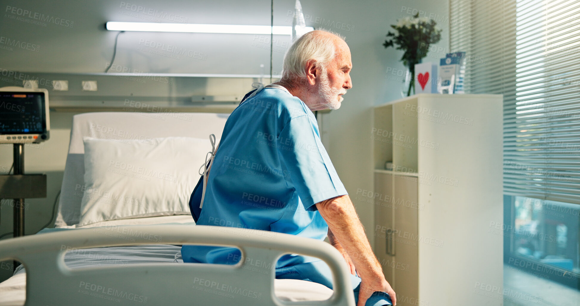 Buy stock photo Hospital, bed or old man with window view for thinking, anxiety or medical intervention for cancer. Healthcare, worry or senior person sit with chemotherapy treatment thoughts, reflection or stress