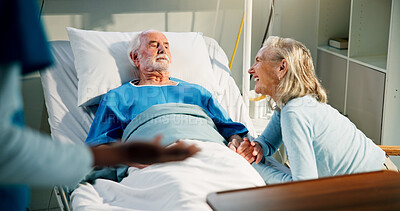 Buy stock photo Nurse, happy wife and old man in hospital bed for recovery, positive update and health progress. Partner, elderly patient and excited with doctor in clinic for good news, medical feedback and healing