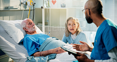 Buy stock photo Nurse, old man and wife with discussion in hospital bed for recovery, health update and treatment plan. Partner, senior patient and professional with tablet in clinic for medical feedback and support
