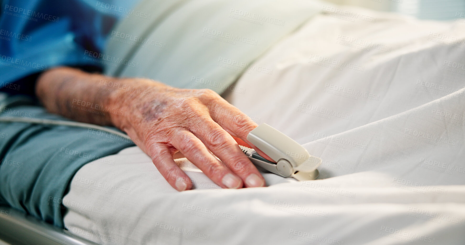 Buy stock photo Hands, old person and rest with oximeter in hospital bed to monitor pulse, blood levels and post surgery. Closeup, elderly patient and medical device to track oxygen, chronic condition and operation