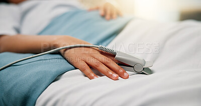 Buy stock photo Hands, child and oximeter in hospital bed to monitor pulse, blood pressure and surgery recovery. Closeup, kid and medical device to track oxygen, chronic condition and post operation of critical care