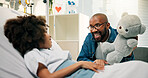 Boy, father and happy for teddy in hospital bed, present and care with support for recovery. Black family, child and smile with bear, visit or gift with motivation for healing with illness at clinic