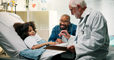 Buy stock photo Sick, doctor and girl in hospital bed, father and consultation with diagnosis, feedback and clipboard. Medical service, dad and daughter in clinic, healthcare and recovery with gp, talk and infection