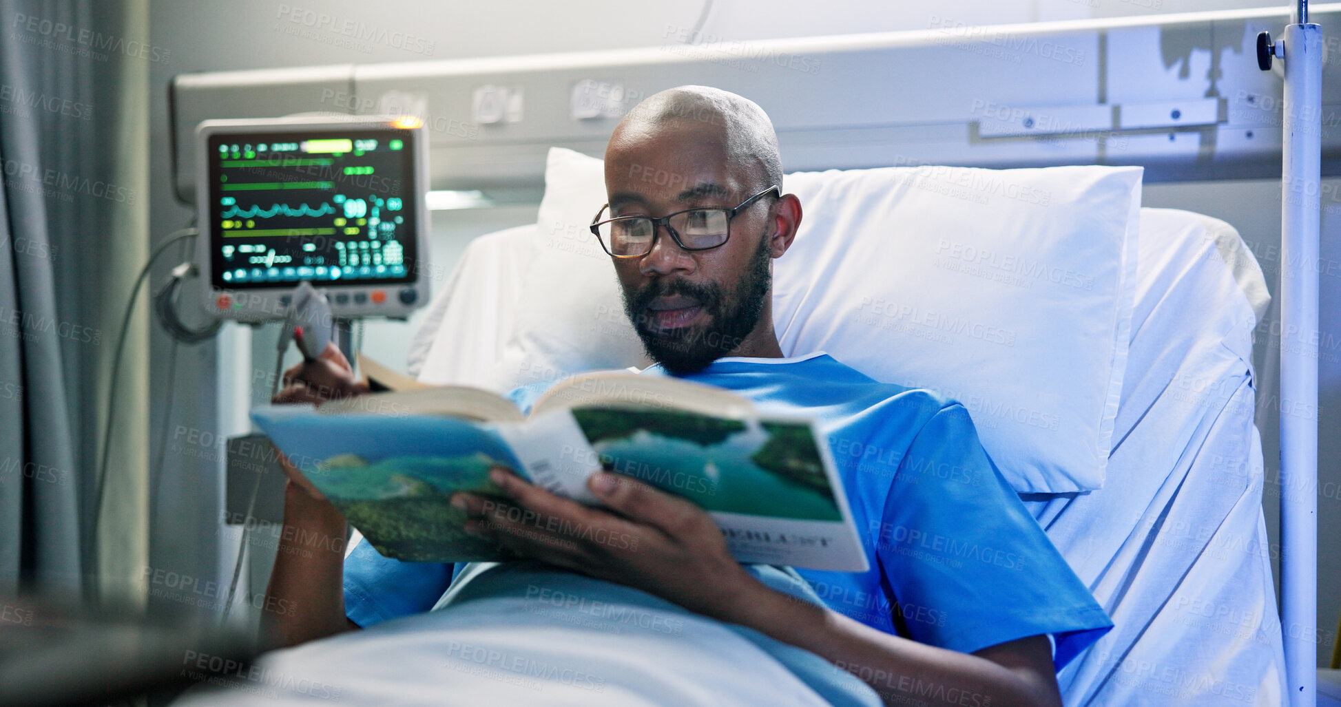 Buy stock photo Medical, rest and black man in hospital with book, fiction or reading hobby in post operation. Healthcare, relax and patient in clinic with literature, novel and education in surgery recovery.