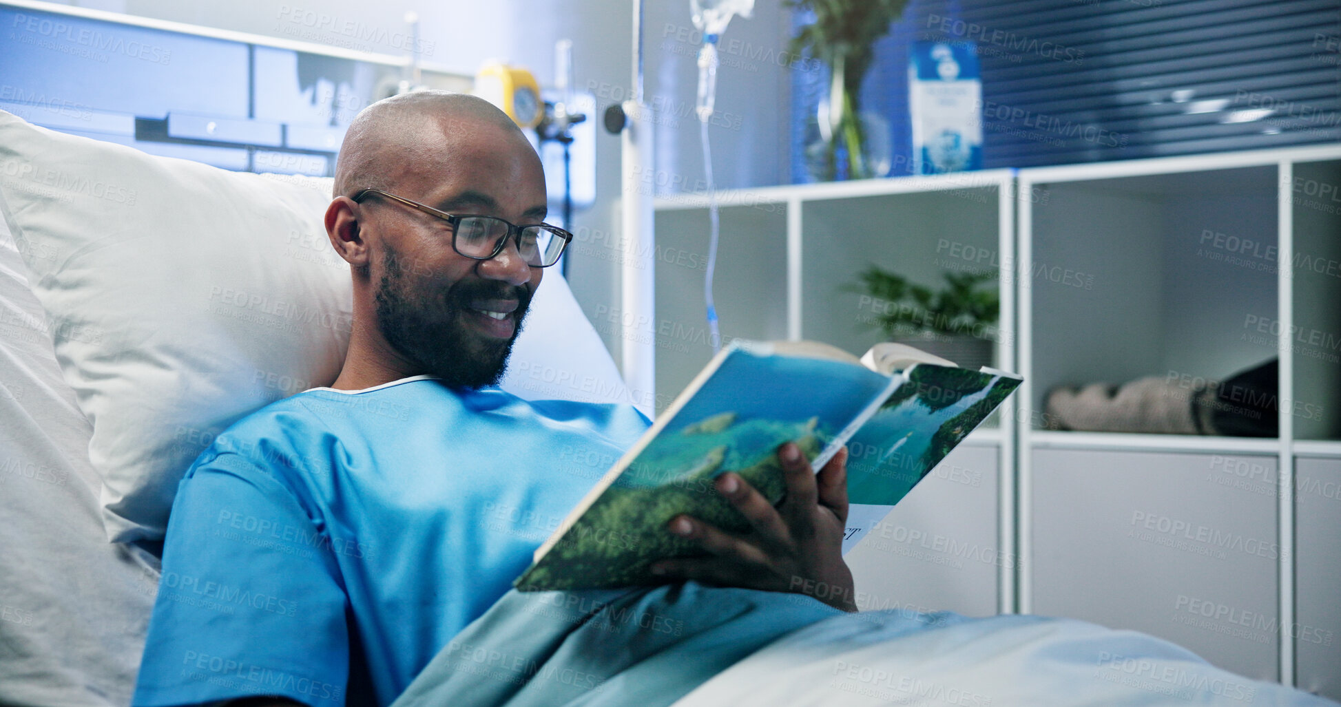 Buy stock photo Medical, relax and black man in hospital with book, fiction or reading hobby in post operation. Healthcare, rest or patient in clinic with literature, novel enjoyment or education in surgery recovery