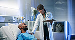 Doctor, clipboard and man in hospital bed, conversation and feedback for diagnosis. Medical service, patient and professional in clinic, healthcare and documents for test results, healing or recovery