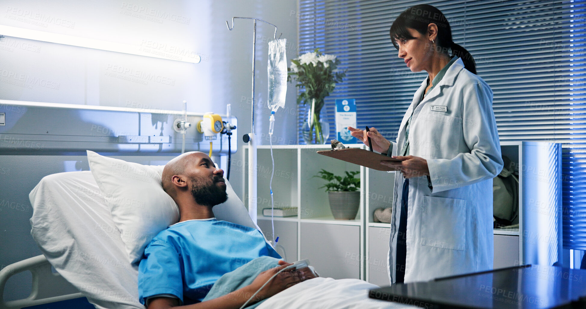 Buy stock photo Doctor, clipboard and man in hospital bed, consultation and feedback for recovery. Medical service, patient and professional in clinic, healthcare and documents for test results, healing or treatment