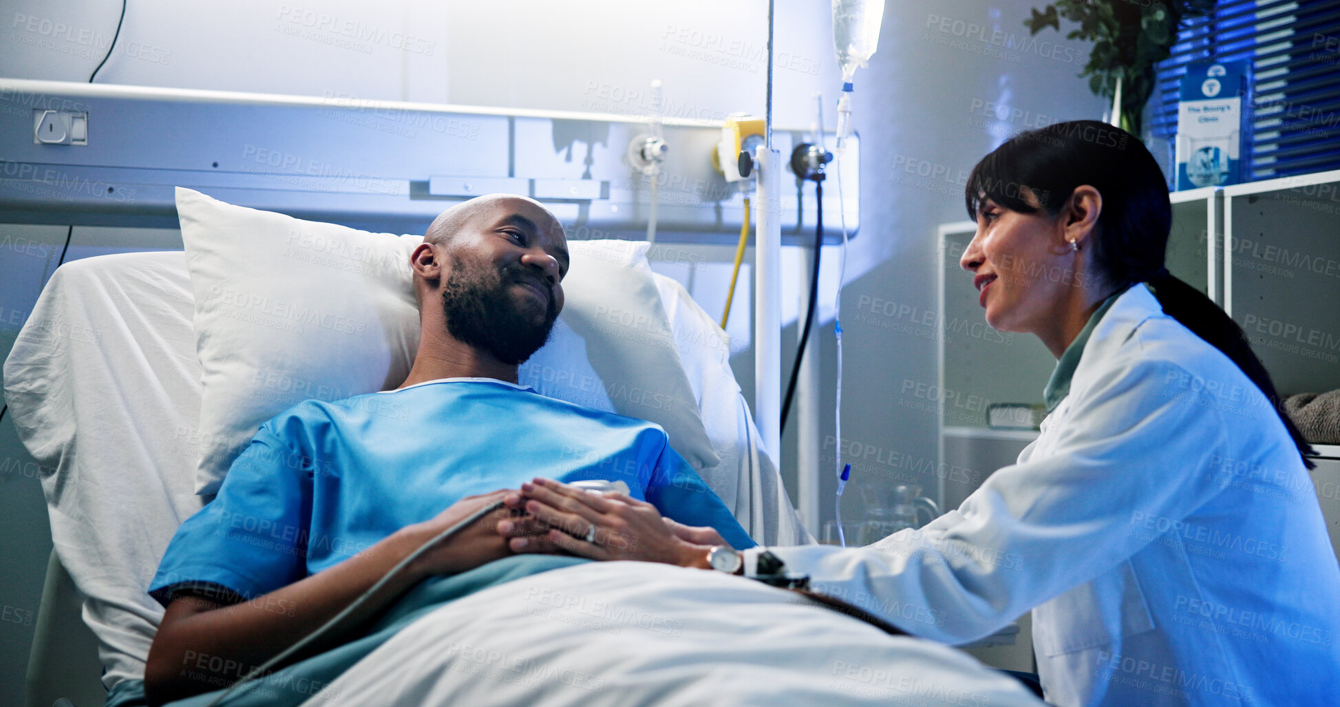 Buy stock photo Healthcare, consultation and doctor with man in hospital for surgery recovery, healing or advice. Medical feedback, conversation and surgeon with male patient for checkup with support in clinic.