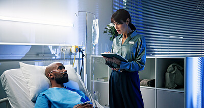 Buy stock photo Tablet, consultation and doctor with man in hospital for surgery recovery, healing or advice. Medical feedback, digital technology and surgeon with male patient for checkup with support in clinic.