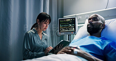 Buy stock photo Medical, tablet and doctor with man in hospital for surgery recovery, healing or advice. Healthcare feedback, digital technology and surgeon with patient for checkup with checking vitals in clinic.