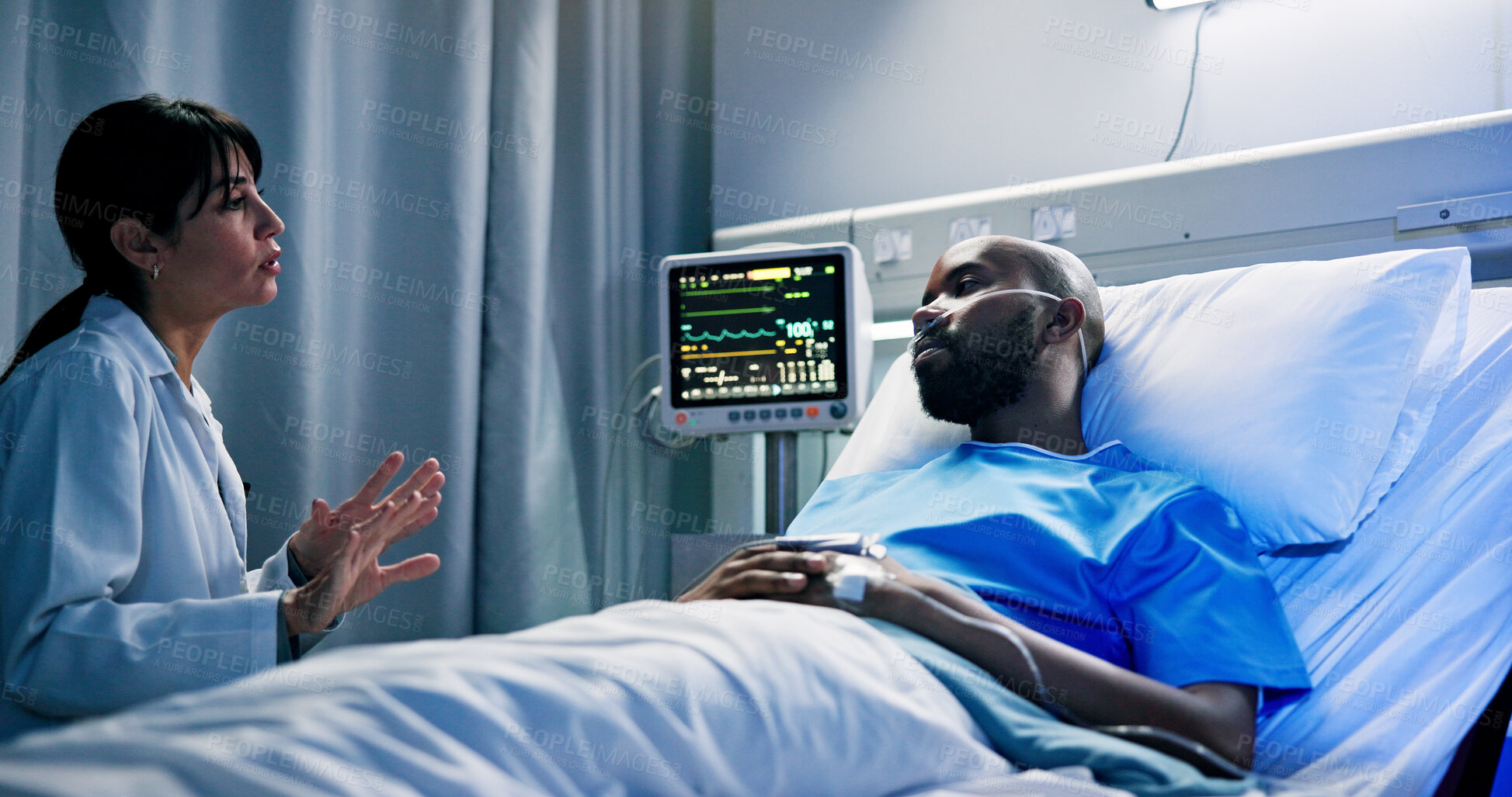 Buy stock photo Healthcare, checkup and doctor with man in hospital for surgery recovery, healing or advice. Medical feedback, conversation and surgeon with male patient for consultation with support in clinic.