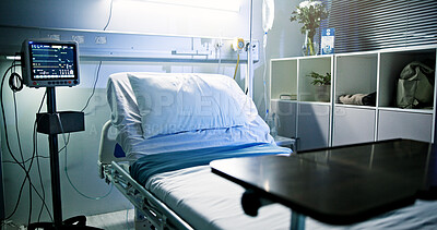 Buy stock photo Empty bed, hospital and room for healthcare, icu and EKG screen for rehabilitation at night. Clinic interior, medical equipment and monitor with ECG, iv drip and healing with wellness in facility
