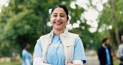 Buy stock photo Portrait, woman and volunteer with smile at park for community service, charity outreach and ngo. Happy, female person or earth day project for environment cleanup, social responsibility and about us