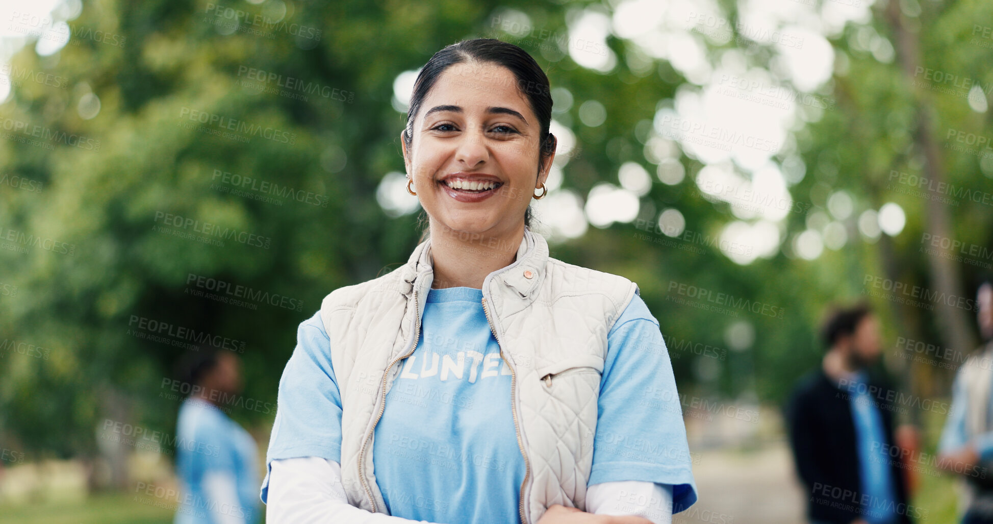 Buy stock photo Portrait, woman and volunteer with smile at park for community service, charity outreach and ngo. Happy, female person or earth day project for environment cleanup, social responsibility and about us