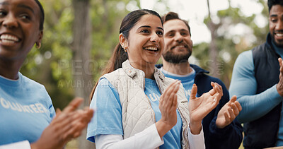 Buy stock photo Applause, smile and volunteer people outdoor for food drive celebration, motivation or success. Clapping, donation and support with excited friends in park together for charity or community outreach