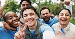 Volunteer team, people and selfie with hand gesture for community service, peace sign or laugh. Charity group, portrait and picture at park with thumbs up for NGO, funny and social media with POV