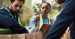 Clipboard, volunteer and counting with woman in park for donation, community service and ngo project. Nonprofit checklist, grocery distribution and food drive with person outdoor for outreach program