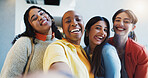 Women, selfie and friends at university with smile, education and memory with profile picture at campus. Girl, group and happy with photography, portrait or social media post with learning at college