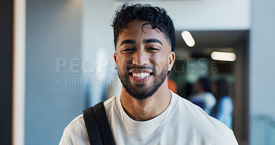 Buy stock photo College, portrait or Indian man in hallway with smile, knowledge or scholarship in study opportunity. Happy, backpack or student in university with confidence, education and pride in academic grant.