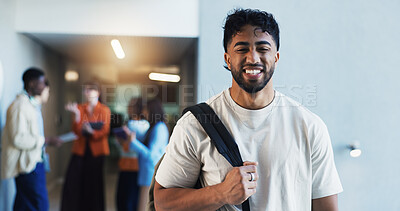 Buy stock photo College, portrait or man in hallway with smile, knowledge or scholarship in study opportunity. Happy, backpack or student in university with confidence, education and pride in academic funding.
