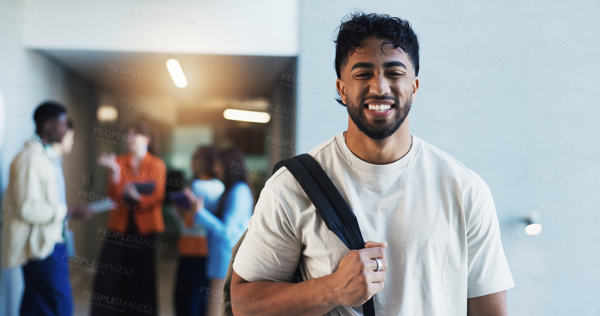 Buy stock photo College, portrait or man in hallway with smile, knowledge or scholarship in study opportunity. Happy, backpack or student in university with confidence, education and pride in academic funding.