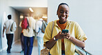 University, student and happy woman with smartphone, internet and email for test results. Funny, college and person with cellphone, typing and app for scholarship, social media or higher education