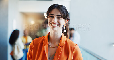 Buy stock photo Portrait, student or woman in college with smile for fashion degree, academic growth or creativity. Happy, person or scholar in university with pride for design course, curriculum or higher education