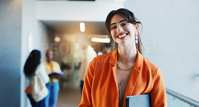 Buy stock photo Portrait, student or woman in college with tablet for fashion degree, academic growth or creativity. Happy, person or scholar in university with tech for design course, knowledge or higher education.