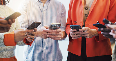 Buy stock photo Business people, hands and phone with network for data sync, huddle or social media app in office. Group, employees or colleagues typing with mobile smartphone for team communication or connection