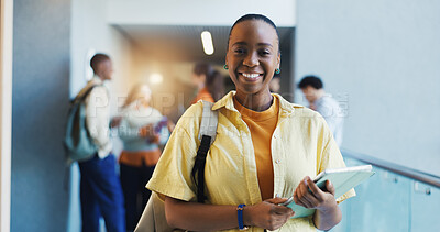 Buy stock photo College, portrait or woman in hallway with tablet, knowledge or scholarship in study opportunity. Happy, tech or student in university with confidence, education and pride in academic funding.