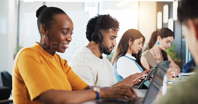 Buy stock photo Classroom, university and students on tech for learning, studying and education at college. School, academy and people on tablet for research, website and internet for project, lesson and assignment