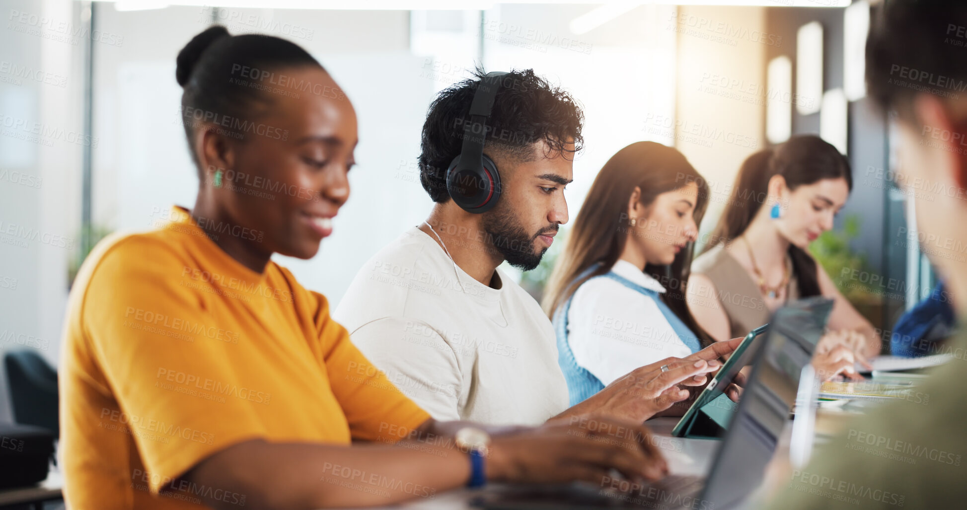 Buy stock photo Classroom, university and students on tech for learning, studying and education at college. School, academy and people on tablet for research, website and internet for project, lesson and assignment