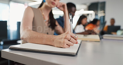 Buy stock photo University student, hands or writing in notebook for lecture, academic productivity or knowledge for learning. College class, module summary or people with course education, study notes or assessment