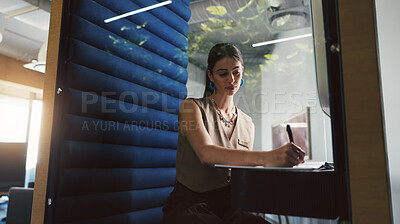 Buy stock photo Creative, woman and writing with feedback in booth with notes, brand manager and privacy for review. Soundproof, cubicle and person with proposal for ad campaign, digital marketing or research in pod