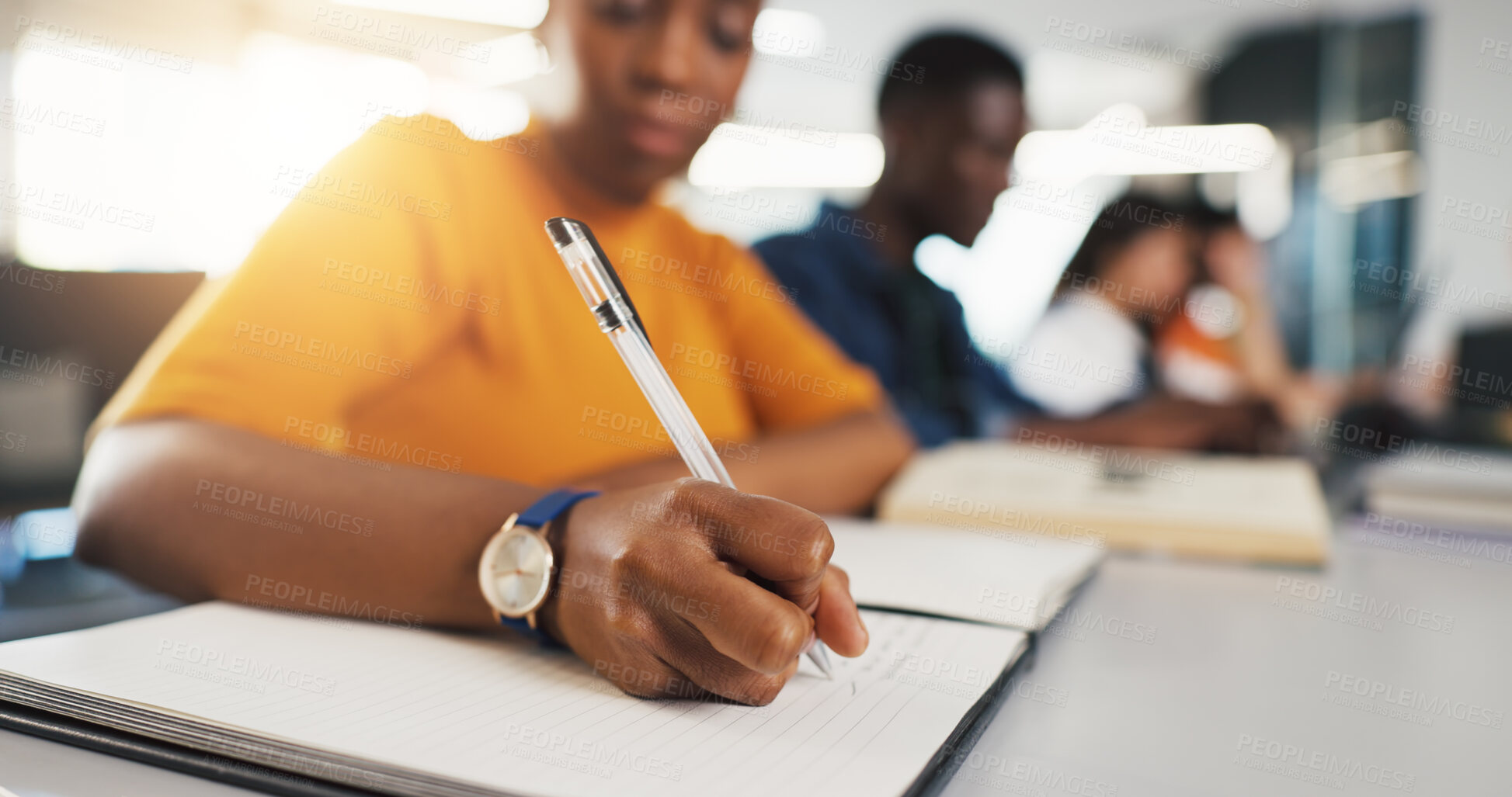 Buy stock photo University student, hands or writing notes for lecture, academic productivity or knowledge for learning. College class, module summary or people with pen for course education, studying or assessment
