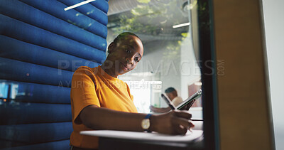 Buy stock photo Creative, woman and tablet with writing in booth with notes, brand manager and privacy for feedback. Soundproof, pod and person with proposal for ad campaign, digital marketing or media research