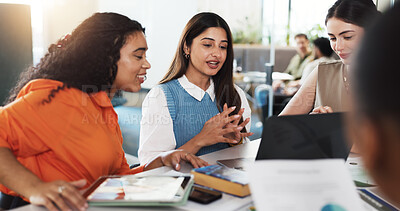 Buy stock photo Business woman, meeting and discussion with laptop for project proposal or ideas in office. Female people, employees or colleagues with computer, documents or collaboration for tasks in workplace