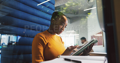 Buy stock photo Pod, search and tablet with designer woman in office for project feedback, post or update. App, information and reading with employee person in cubicle of design workplace for planning or research