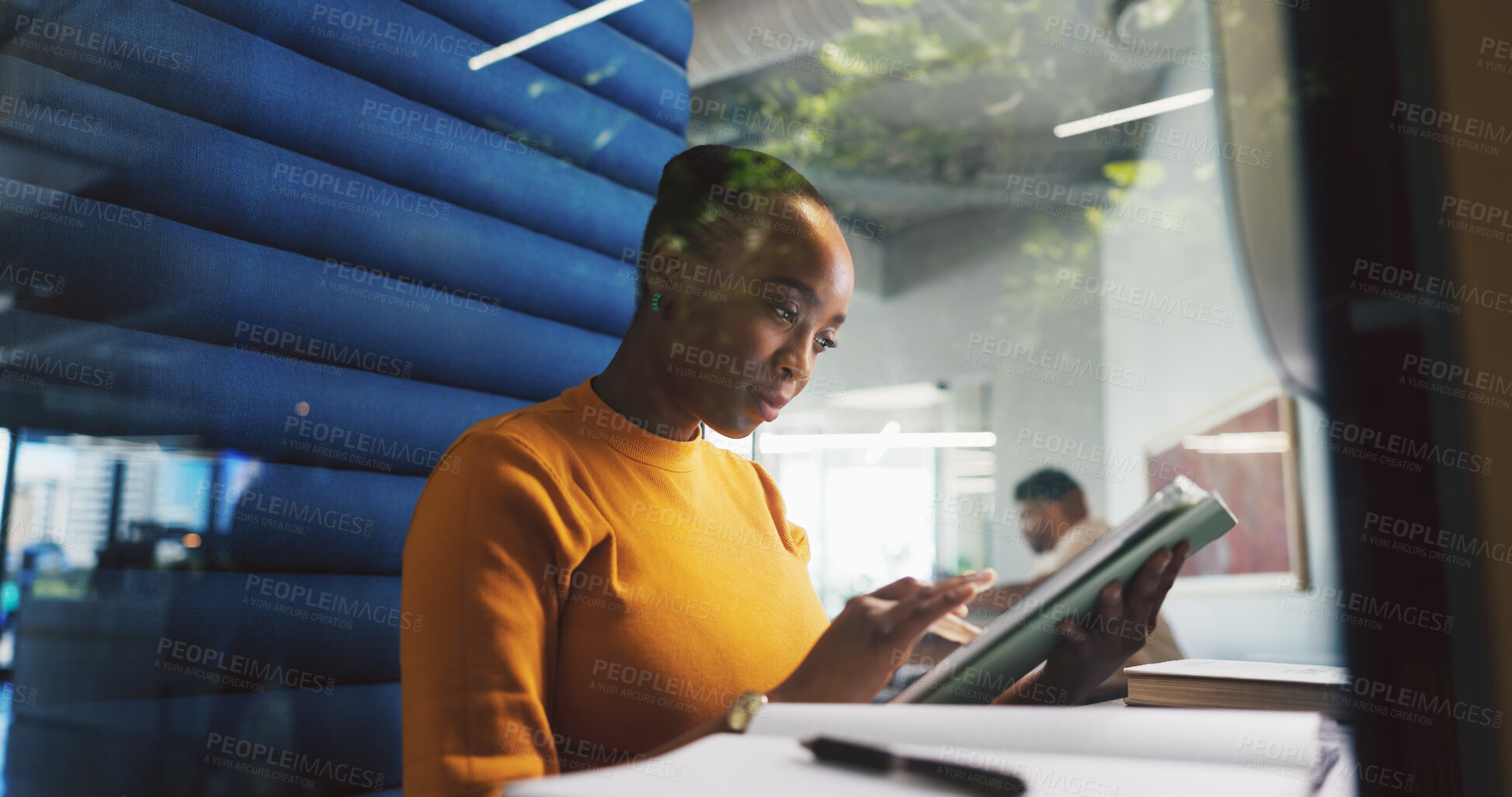 Buy stock photo Pod, search and tablet with designer woman in office for project feedback, post or update. App, information and reading with employee person in cubicle of design workplace for planning or research