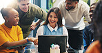Laptop, happy people or meeting in agency to review proposal, collaboration or brainstorming. Plan project, brand awareness or marketing team with pc for campaign ideas, online trends or strategy