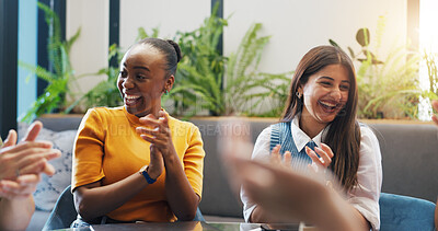 Buy stock photo Happy woman, team and meeting with applause for congratulations or business success in office. Excited, group or employees clapping with smile for winning, promotion or bonus together in workplace