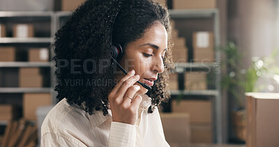 Buy stock photo Small business, woman and talking on headset in logistics for pricing enquiry, shipping FAQ and help. Supply chain, agent and speaking to client in warehouse for delivery status and order processing