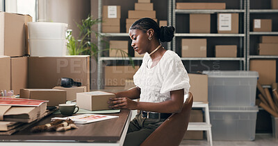 Buy stock photo Ecommerce, box and shipping with black woman in warehouse for delivery, distribution and courier. Logistics, supplier startup and inventory manager with person for supply chain, export and cargo
