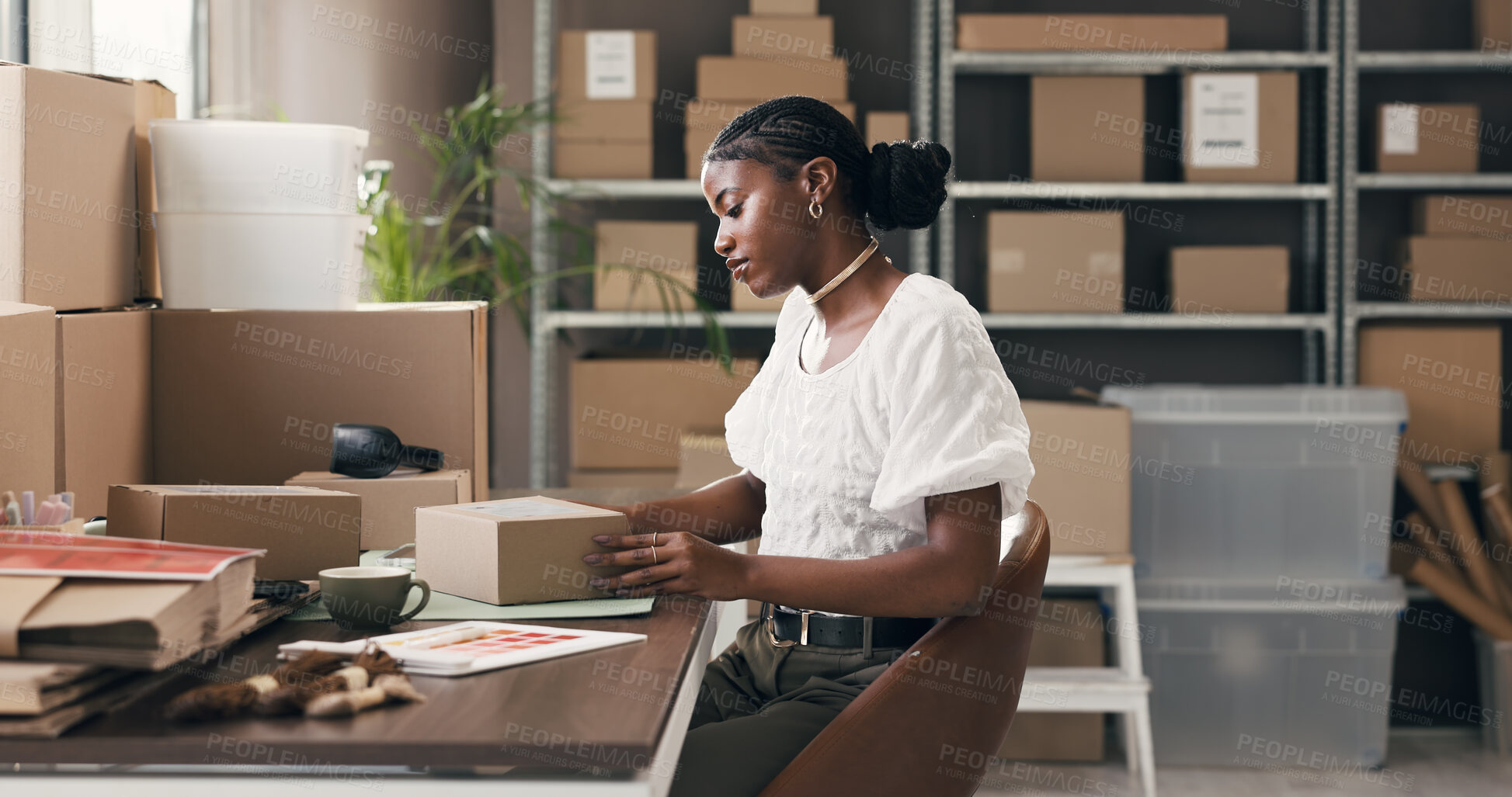 Buy stock photo Ecommerce, box and shipping with black woman in warehouse for delivery, distribution and courier. Logistics, supplier startup and inventory manager with person for supply chain, export and cargo