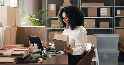 Buy stock photo Ecommerce, box and laptop with woman in warehouse for delivery, distribution and courier. Logistics, supplier startup and inventory manager with person for supply chain, online order and cargo