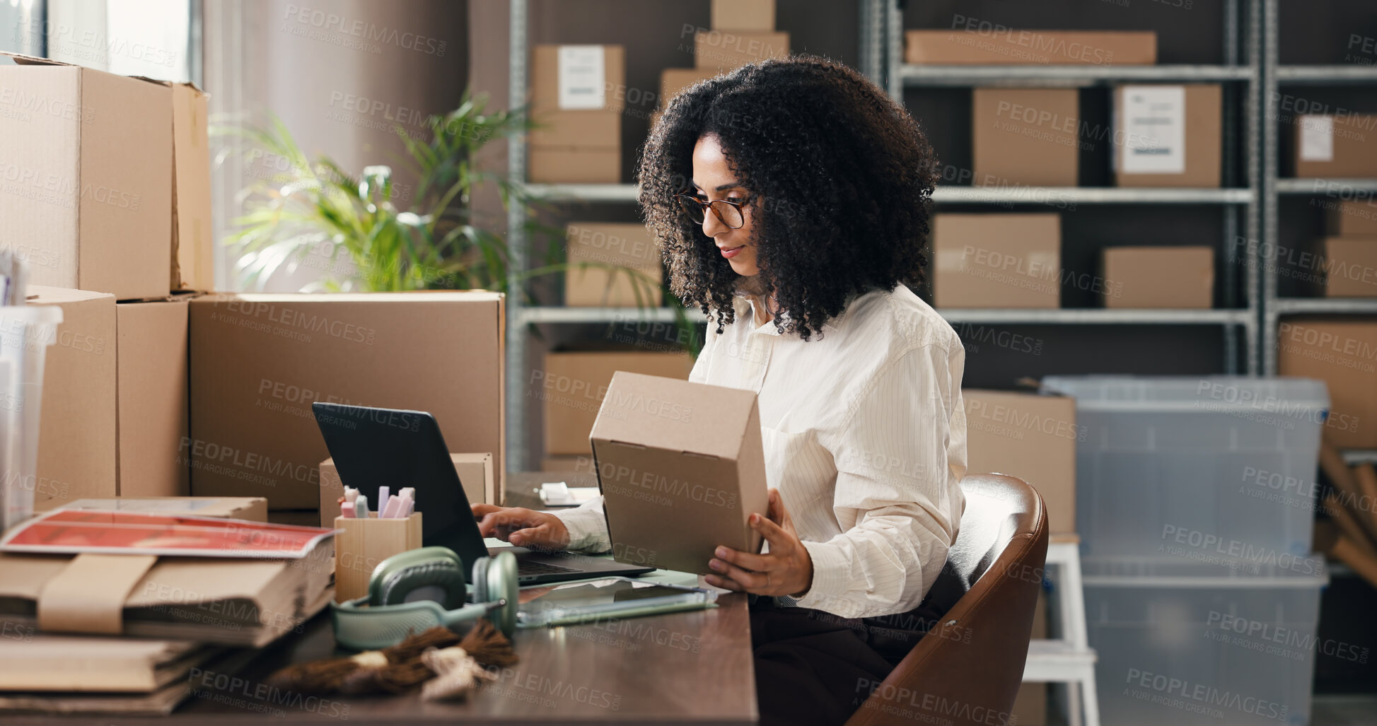 Buy stock photo Ecommerce, box and laptop with woman in warehouse for delivery, distribution and courier. Logistics, supplier startup and inventory manager with person for supply chain, online order and cargo
