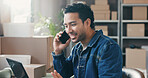 Man, phone call and laptop with dropshipping, logistics and smile for distribution deal at office. Person, smartphone and contact for supply chain, talk or happy with computer for shipping at startup