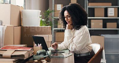 Buy stock photo Woman, laptop and thinking for dropshipping at office, supply chain and distribution schedule for boxes. Person, computer and review with package, insight or notes for inventory management at startup